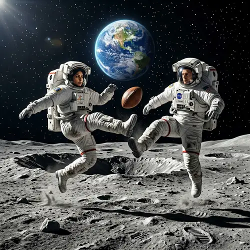 Moon Football: South Asian Female & Caucasian Male Astronauts Playing