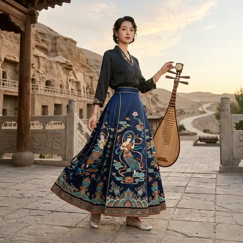 Fashion Long Skirt with Dunhuang Pipa Design