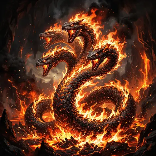 Four-Headed Snake On Fire - Mythical Creature Artwork