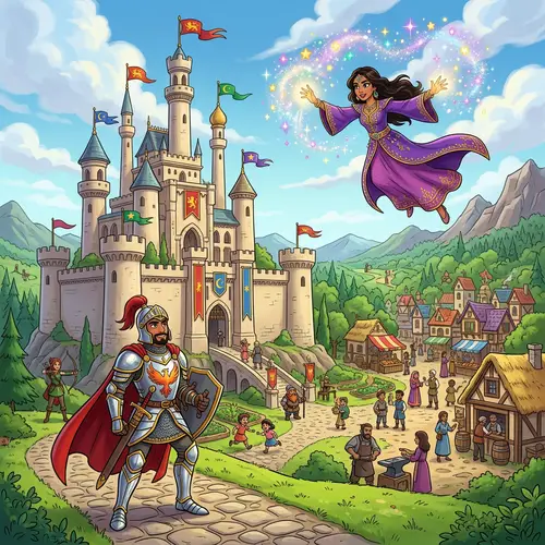 Fantastical Cartoon Castle Scene with Diverse Characters