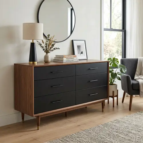 Mid Century Modern Dresser in Wood and Black
