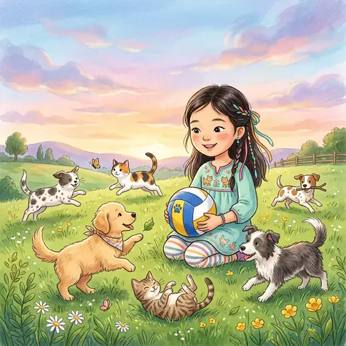 Whimsical Girl Character with Pets and Volleyball Sketch