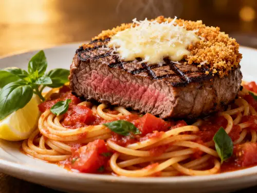 Realistic Filet Mignon Parmesan with Spaghetti