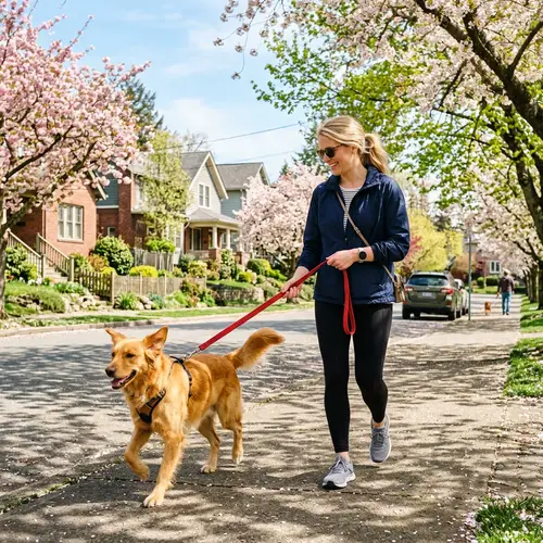 Blonde Woman Walking Dog | Peaceful Neighborhood Stroll