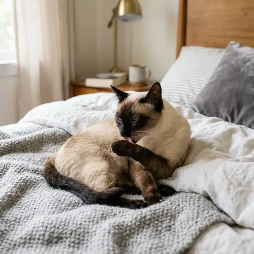 Siamese Cat Lying on Bed Licking Arm