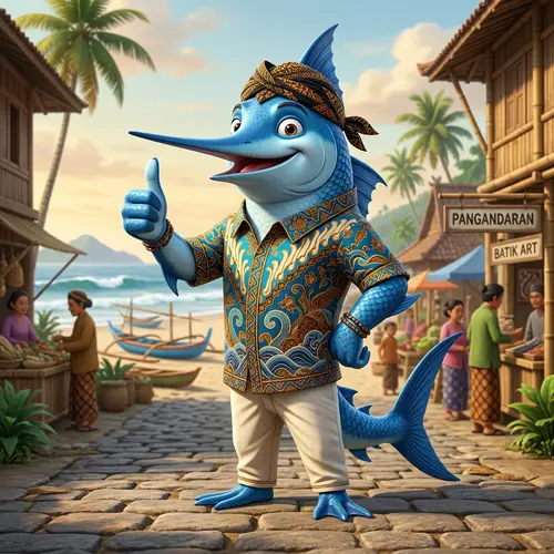 Animated Marlin Mascot in Batik and White Pants