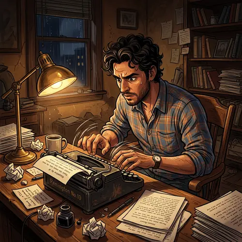 Animated Hispanic Man Typing Dramatically on Vintage Typewriter