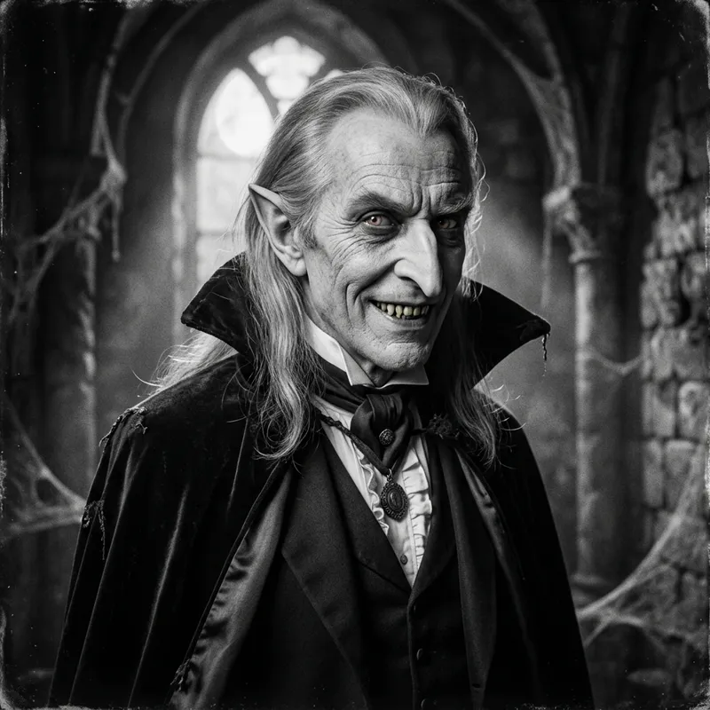 Vintage Tricky Vampire Smiling: Detailed Depiction
