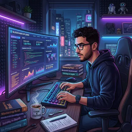 Young Middle-Eastern Programmer at Neon Blockchain Desk