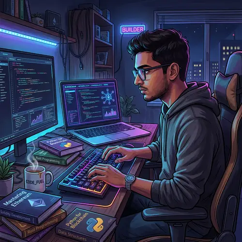 Young South Asian Man Programming Late Night | Blockchain Focus