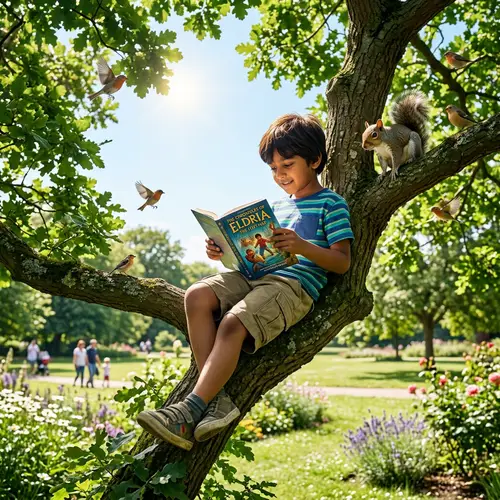 Boy Reading Book Sitting on Tree: A Day of Adventure