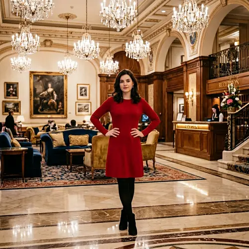 Woman in Red Dress & Black Tights | Hotel Lobby Scene