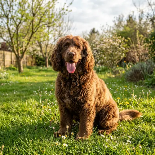 Fluffy Dog in a Peaceful Spring Yard - Joyful Canine Scene