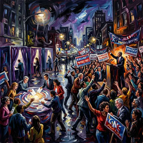 2024 Election Chaos: Multicultural Polling Scene in Chaotic Art Style