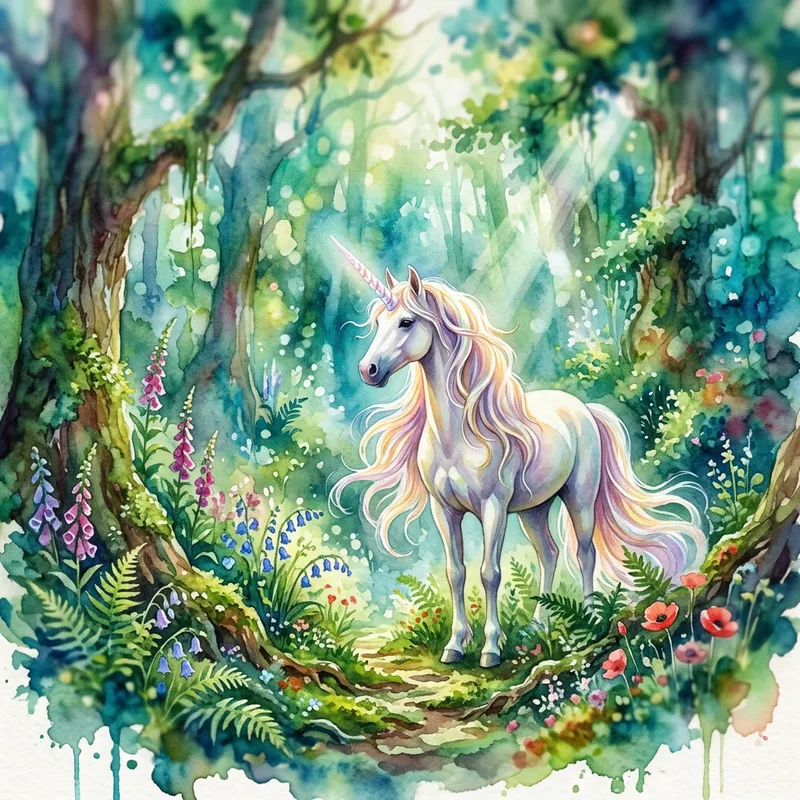Mystical Unicorn in Enchanted Watercolor Forest