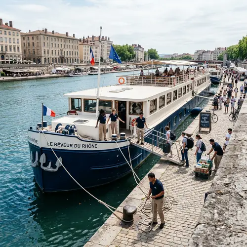 Penichette-Style Passenger Ship Docked in a Bustling Port