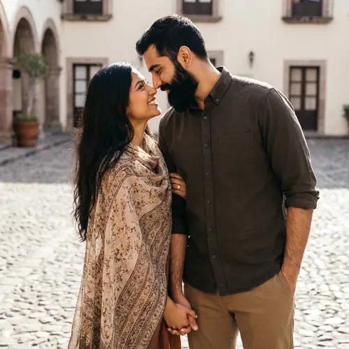 Loving South Asian Woman and Muscular Hispanic Man Couple