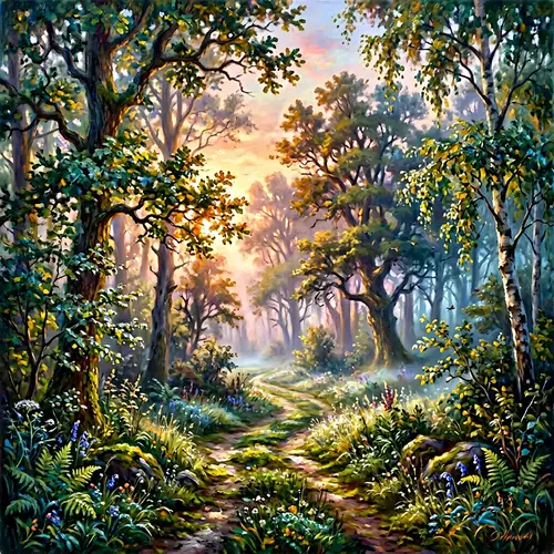 Mystical Forest at Dawn: Impressionist Painting in Nature
