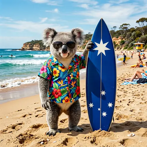 Cool Koala with Hawaiian Shirt and Sunglasses by Australian Flag Surfboard