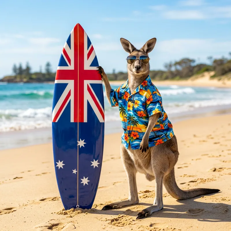 Sunglasses-Clad Kangaroo in Hawaiian Shirt by Australia Flag Surfboard Sunglasses-Clad Kangaroo in Hawaiian Shirt by Australia Flag Surfboard