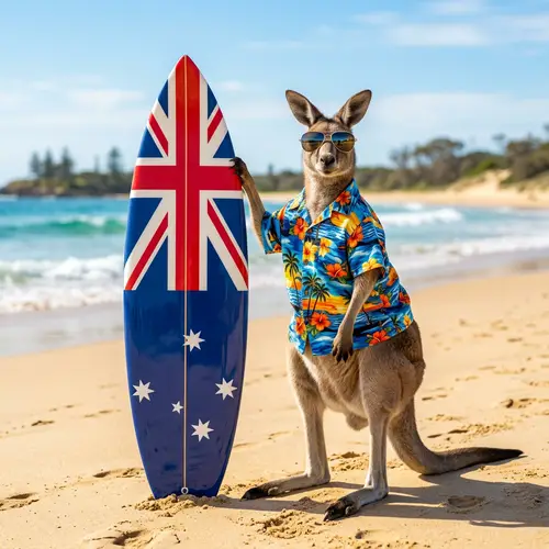 Sunny Kangaroo in Hawaiian Shirt | Australia Flag Surfboard