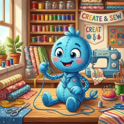 Anthropomorphized Cartoon Stitch in Vibrant Sewing Room