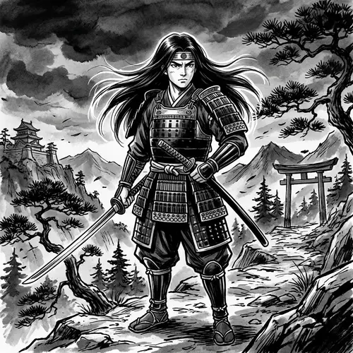 Youthful Male Samurai with Long Hair in Anime Style