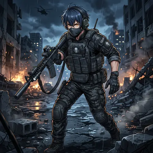 Tactical Anime Male Character with Dark Blue Hair