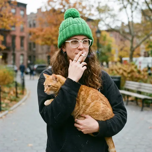 Person in Black Hoodie with Green Hat Smoking Cigarette Holding Cat