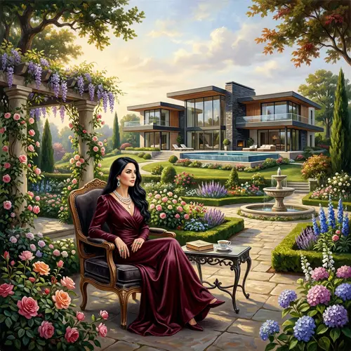 Elegant Modern Mansion Scene with Glamorous Woman