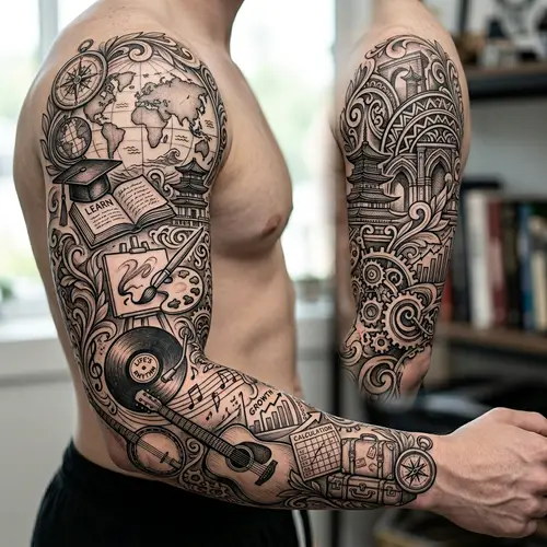 Intricate Life Celebration Tattoo Design - Music, Culture, Art, Education, Business, Travel