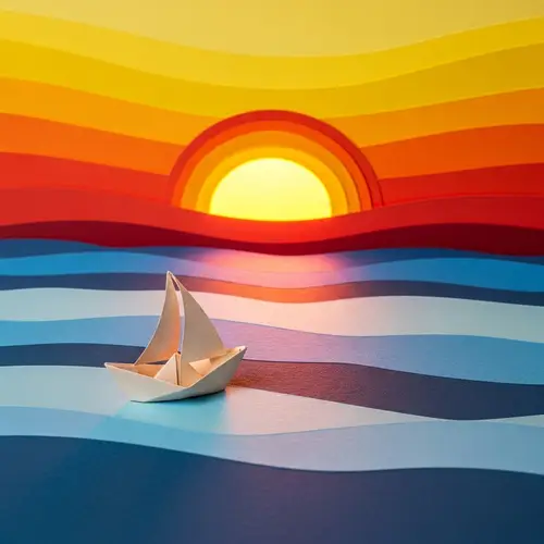 Paper Boat on a Paper Ocean with Sunset Art
