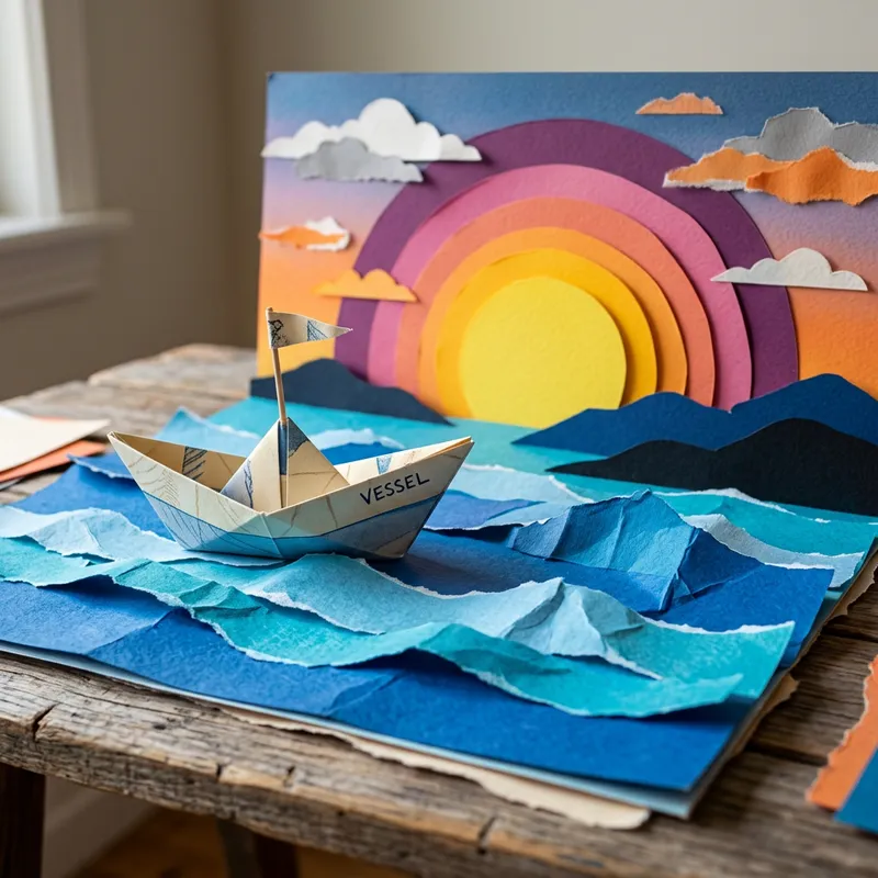 Paper Boat on a Paper Ocean with Sunset Art Paper Boat on a Paper Ocean with Sunset Art