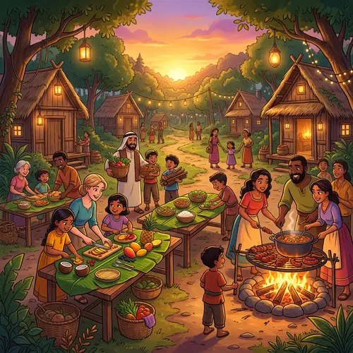 Animated Forest Village Feast Scene at Sunset