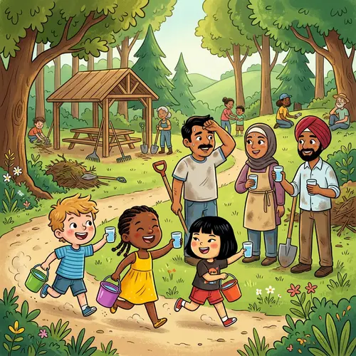 Warm Community Scene Cartoon: Vibrant Illustration in Forest