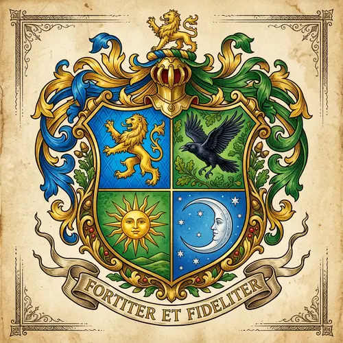 Quarterly Family Crest with Lion, Raven, Sun & Moon