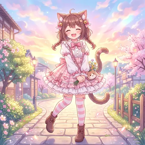 Cheerful Cat Girl Anime Illustration with Kawaii Vibes