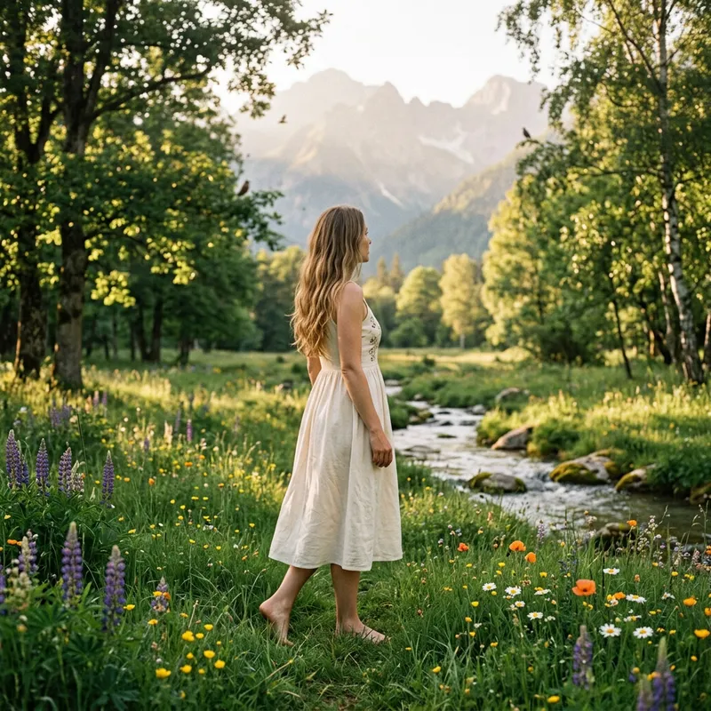 Beautiful Woman in Nature Among Wildflowers