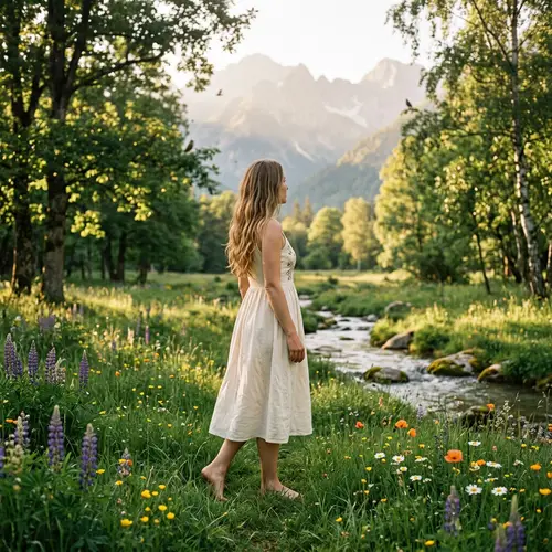 Elegant Caucasian Woman in Serene Meadow Among Vibrant Wildflowers