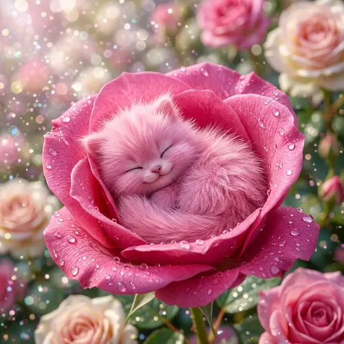 Vibrant Pink Fluffy Creature Sleeping in Rose Petal
