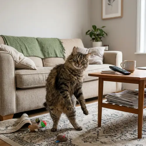 Amusing Dizzy Cat in Living Room Setting | Curious Feline Antics