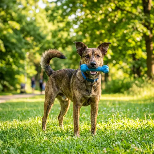 Playful Domestic Dog in Lush Green Park | Bright Blue Chew Toy