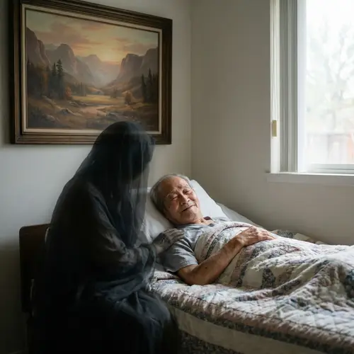 Serene Elderly Man Embracing Comforting Transition