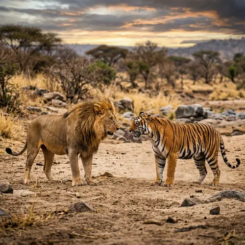 Lion vs Tiger: Majestic Standoff in African Desert