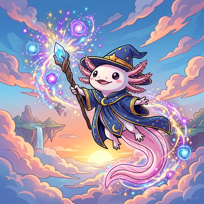 Enchanting Axolotl Wizard Soaring: Magical Illustration