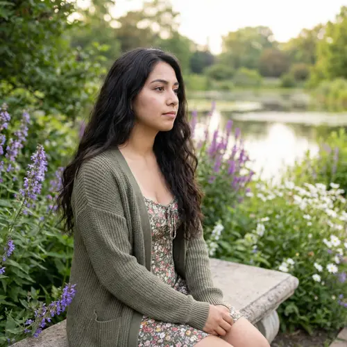 Beautiful Sad Hispanic Girl with Long Wavy Hair