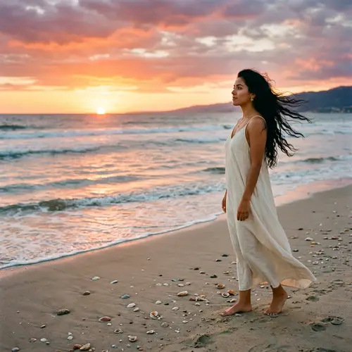 Serene Sunset Scene: Hispanic Woman by the Sea