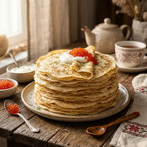 Traditional Russian Blini Pancakes Stack | Fluffy & Golden-Brown