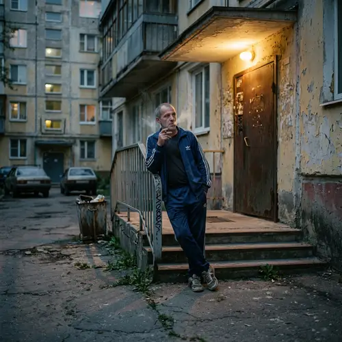 Urban Gritty Scene: Slavic Man Smoking Cigar Outside Residential Building