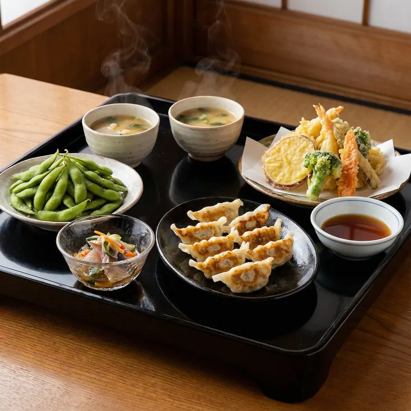 Traditional Japanese Appetizers: Edamame, Miso Soup, Tempura & Gyoza